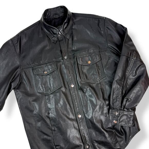 Vintage LEATHER KING Men's black genuine leather button down jacket shirt SMALL - Picture 3 of 15